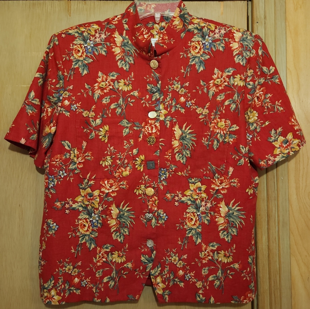Vtg 80s F.L Malik Blouse Red Floral Womens Sz 10 Top Linen Cotton Blend Pockets